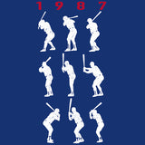 1987 Game 7 Batting Stances - Unisex T-Shirt - Heather Royal Blue - Pick & Shovel Wear