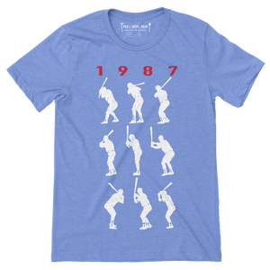 1987 Game 7 Batting Stances - Unisex T-Shirt - Heather Columbia Blue - Pick & Shovel Wear