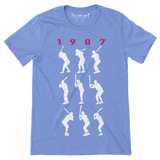 1987 Game 7 Batting Stances - Unisex T-Shirt - Heather Columbia Blue - Pick & Shovel Wear
