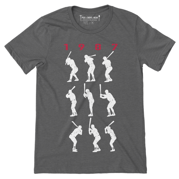1987 Game 7 Batting Stances - Unisex T-Shirt - Deep Heather Gray - Pick & Shovel Wear