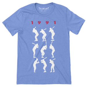 1991 Game 7 Batting Stances - Unisex T-Shirt - Heather Columbia Blue - Pick & Shovel Wear