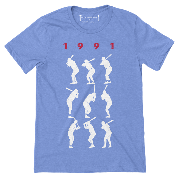 1991 Game 7 Batting Stances - Unisex T-Shirt - Heather Columbia Blue - Pick & Shovel Wear