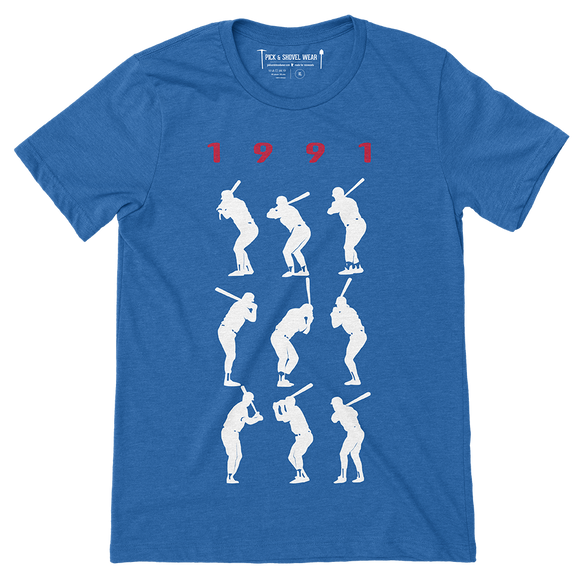 1991 Game 7 Batting Stances - Unisex T-Shirt - Heather Royal Blue - Pick & Shovel Wear